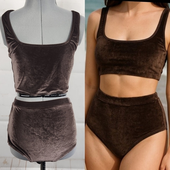 Solid & Striped Velvet High-Waisted Bikini Set in Chocolate Brown XS/Small - Picture 2 of 10
